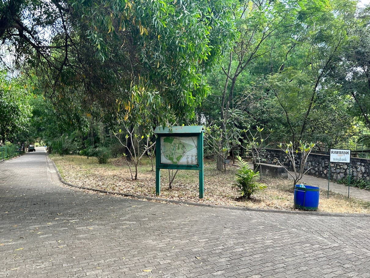 Sentier pavé et balisé traversant le parc