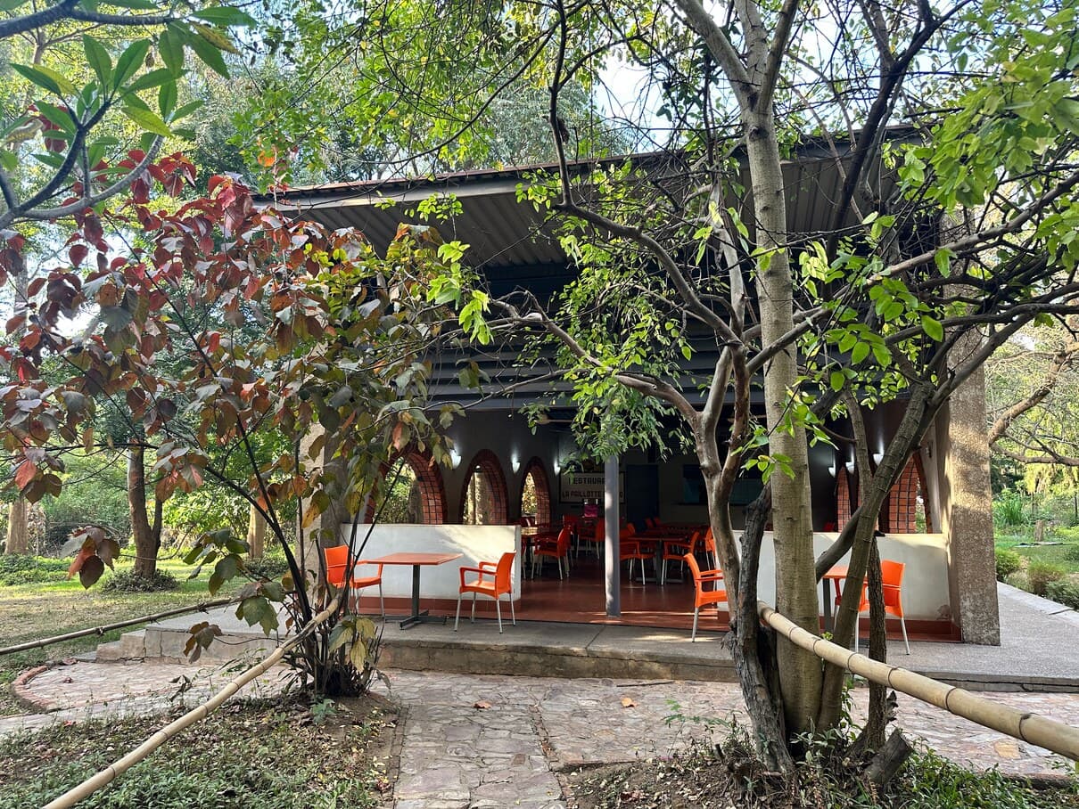 Restaurant La Paillotte : arches blanches et chaises oranges à l'intérieur du zoo
